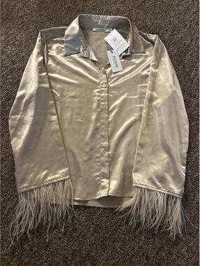 Ellison x Lisa Dean Satin Feather Trim Button Front Shirt, Size 10